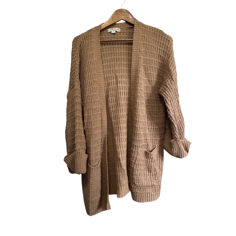 Love Change Italy Cardigan Women L Tan Excellent Chunky Waffle Knit Open Front